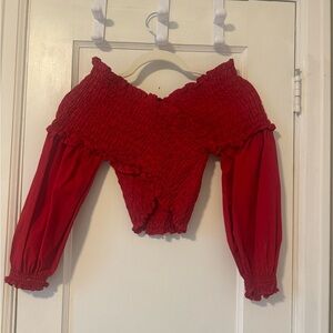 Zara Red Smocked Off-Shoulder Criss Cross Crop Top